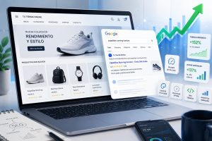 Ilustración de SEO para ecommerce con una tienda online, resultados de búsqueda de Google, crecimiento del tráfico orgánico, analítica web y optimización SEO.